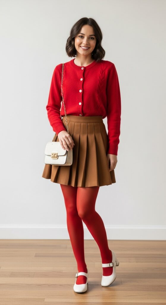 16 Chic Outfits with Tights: Elevate Your Cold-Weather Style 6 Red Cardigan and Pleated Skirt