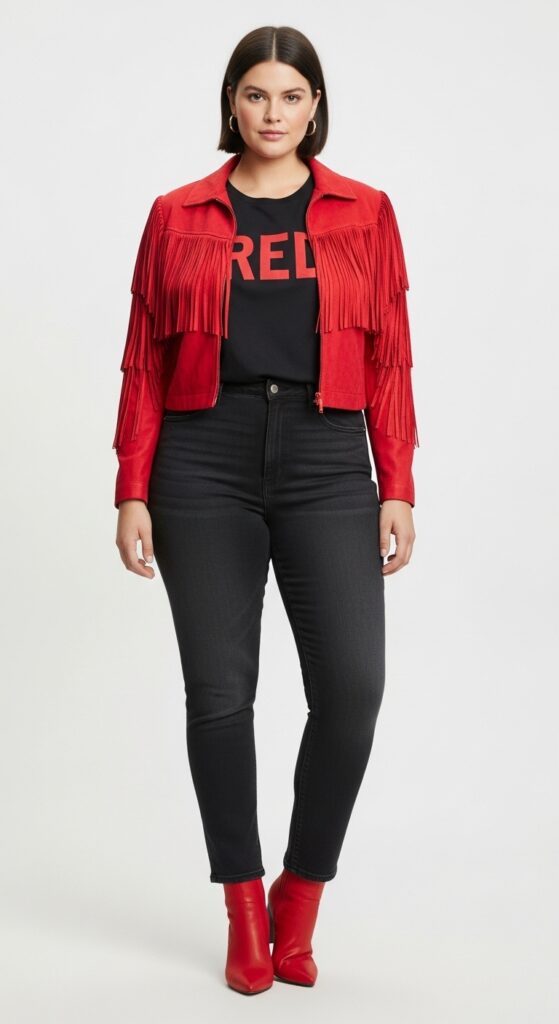 Red Era Red Fringe Jacket & Black Jeans