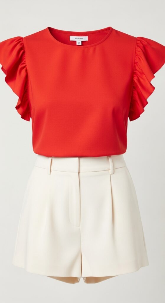 22 Stylish White Shorts Outfit Ideas You’ll Love This Summer 12 Red Ruffled Sleeve Top and Cream Shorts