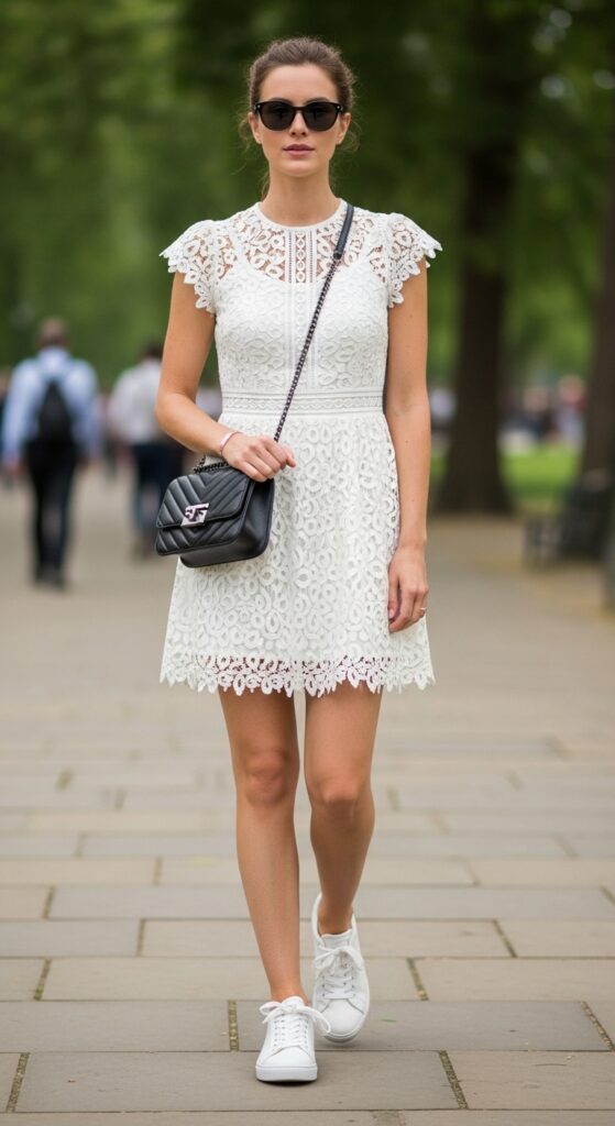 London Outfit Guide: 31 Chic Looks for U.S. Women in 2025 11 Regent’s Park Charm White Lace Mini Dress & Crossbody