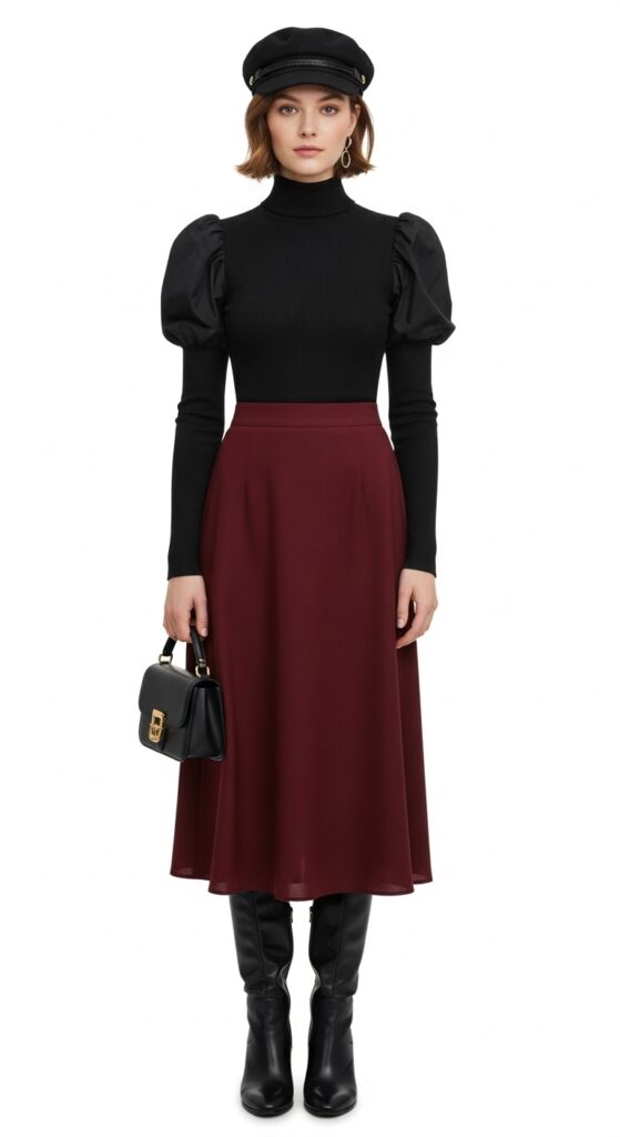 13 Trendy Winter Skirt Outfits That’ll Keep You Warm and Stylish 5 Romantic Flair Puff Sleeves and Midi Skirt