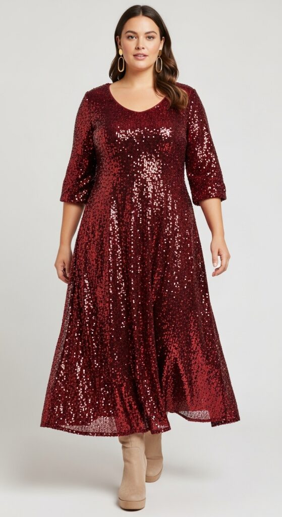 12 Plus Size Sequin Party Dresses for Winter Holidays with Chic Season Style 10 Ruby Sequin Maxi Dress and Boots for Evening Soirées