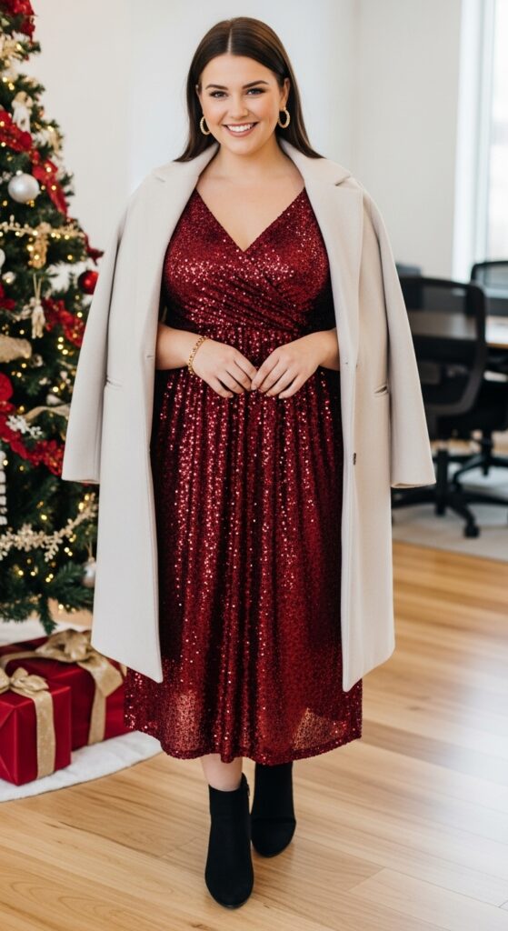 12 Plus Size Sequin Party Dresses for Winter Holidays with Chic Season Style 4 Ruby Sequin Midi Dress and Boots for Office Parties