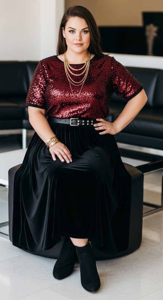 12 Plus Size Sequin Party Dresses for Winter Holidays with Chic Season Style 7 Ruby Sequin Top and Skirt for Cocktail Parties
