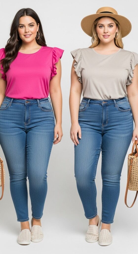Ruffle Sleeve Top & High-Waisted Jeans