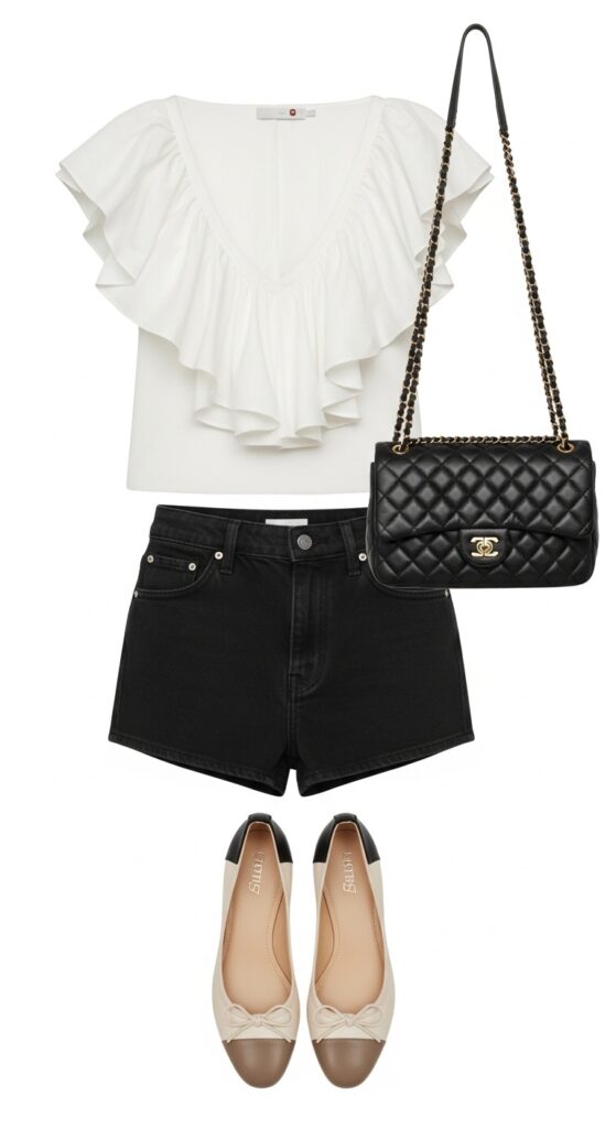 21 Stylish Denim Shorts Outfit Ideas 12 Ruffles and Ballet Flats