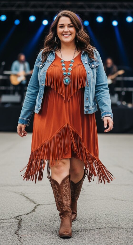 12 Plus Size Boho Western Winter Outfits for Country Concerts with Chic Season Style 3 Rust Boho Dress and Boots for Concert Nights