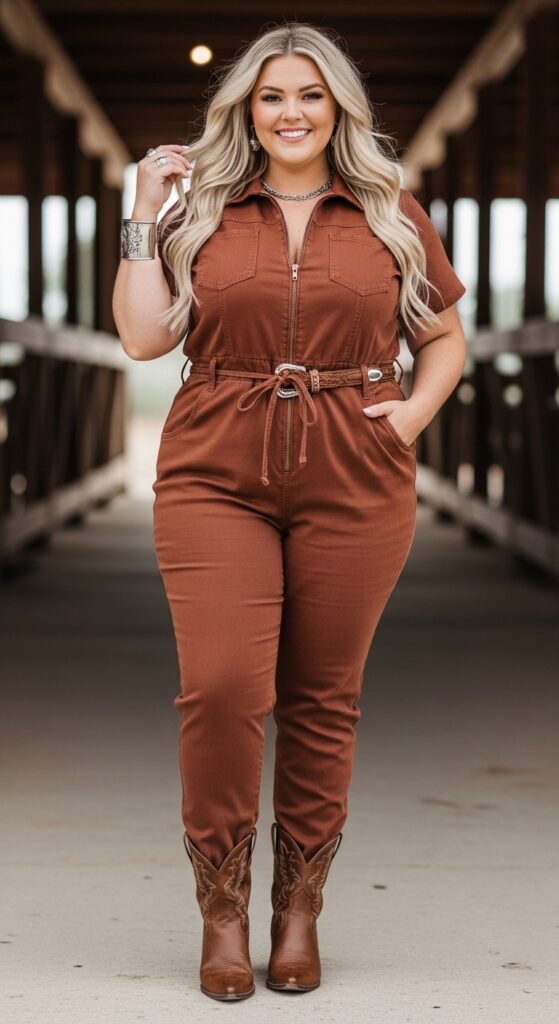 12 Plus Size Boho Western Winter Outfits for Country Concerts with Chic Season Style 12 Rust Denim Jumpsuit and Boots for Concert Nights