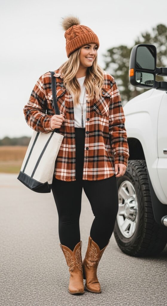 12 Plus Size Boho Western Winter Outfits for Country Concerts with Chic Season Style 9 Rust Plaid Shirt and Leggings for Concert Tailgates