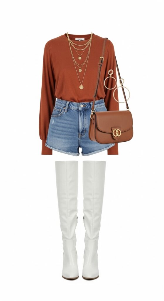 Rust Top, Denim Shorts & Knee-High White Boots