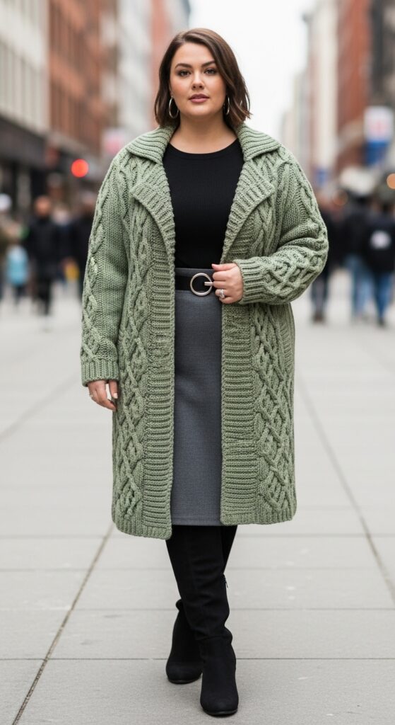 Sage Cable Knit Coat and Skirt for City Adventures