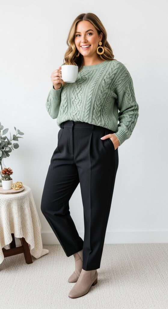Sage Cable Knit Top and Trousers for Brunch Plans