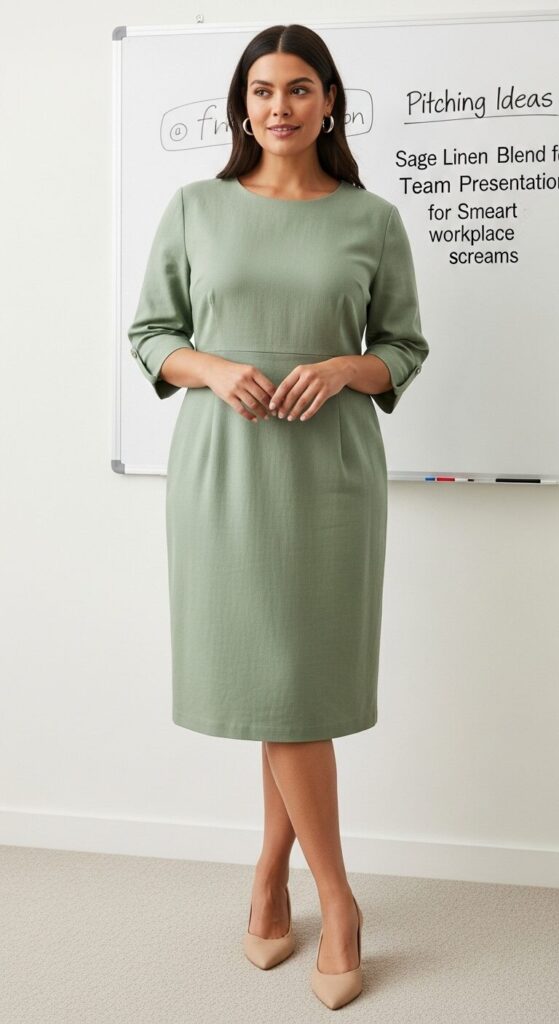 Sage Linen Blend Dress for Team Presentations