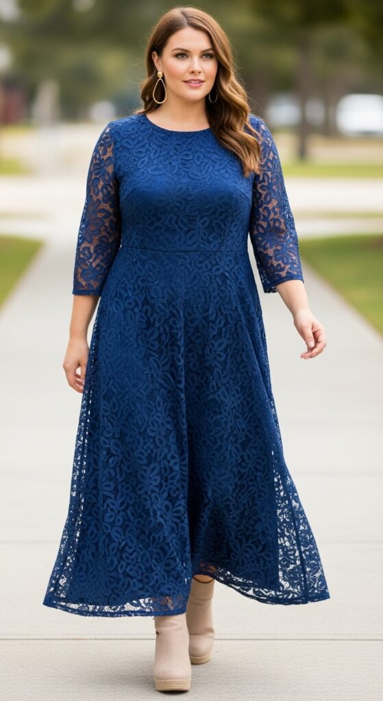 16 Plus Size Lace Mother of the Bride Dresses with Chic Season Style 10 Sapphire Lace Maxi Dress and Wedges for Outdoor Weddings