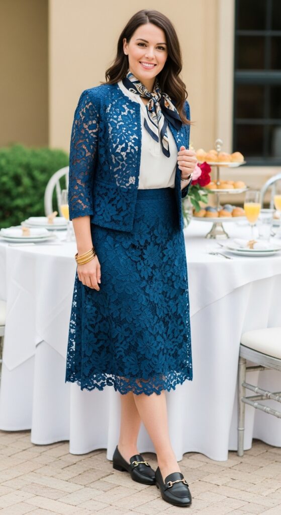 16 Plus Size Lace Mother of the Bride Dresses with Chic Season Style 13 Sapphire Lace Skirt Suit and Loafers for Brunch Receptions