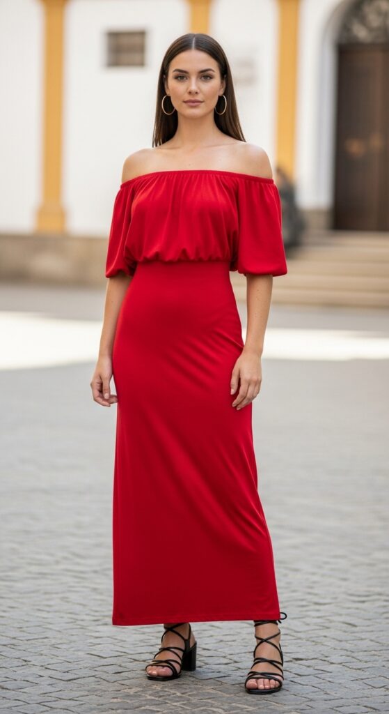 Seville Flamenco Red Off-Shoulder Maxi Dress