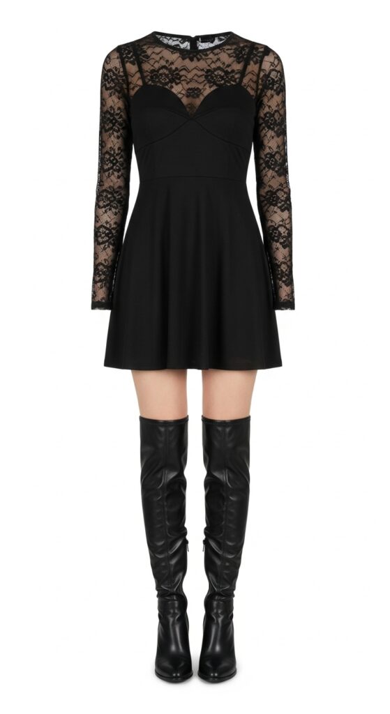 Sexy Black Mini Dress + Knee-High Boots