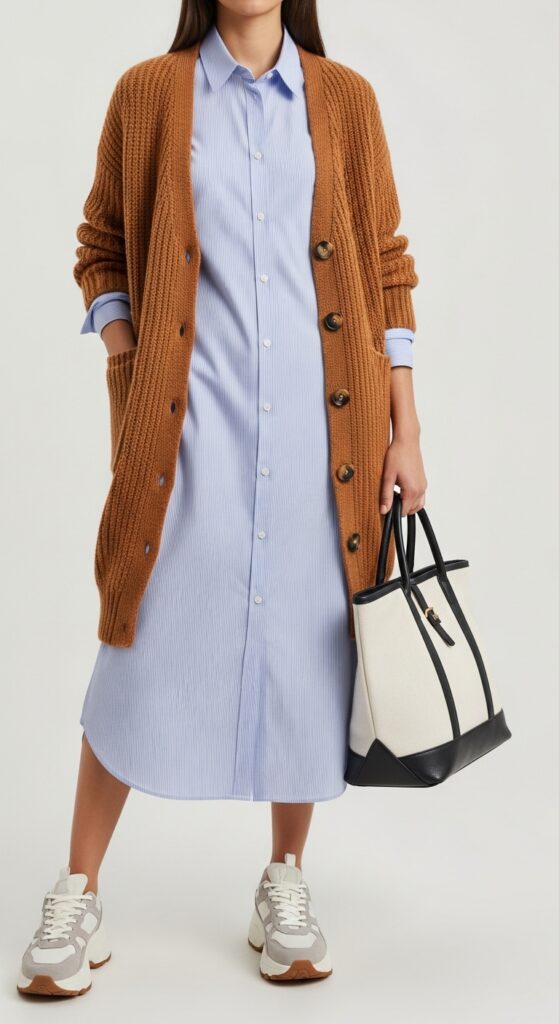 20 Bold Chunky Sneaker Outfits for a Standout Look 12 Shirt Dress and Cardigan