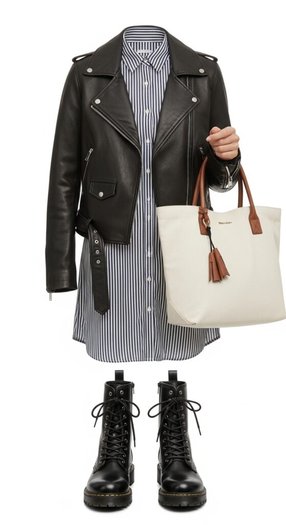 18 Bold Combat Boot Outfits to Slay Your Style This Season 13 Shirt Dress and Leather Jacket
