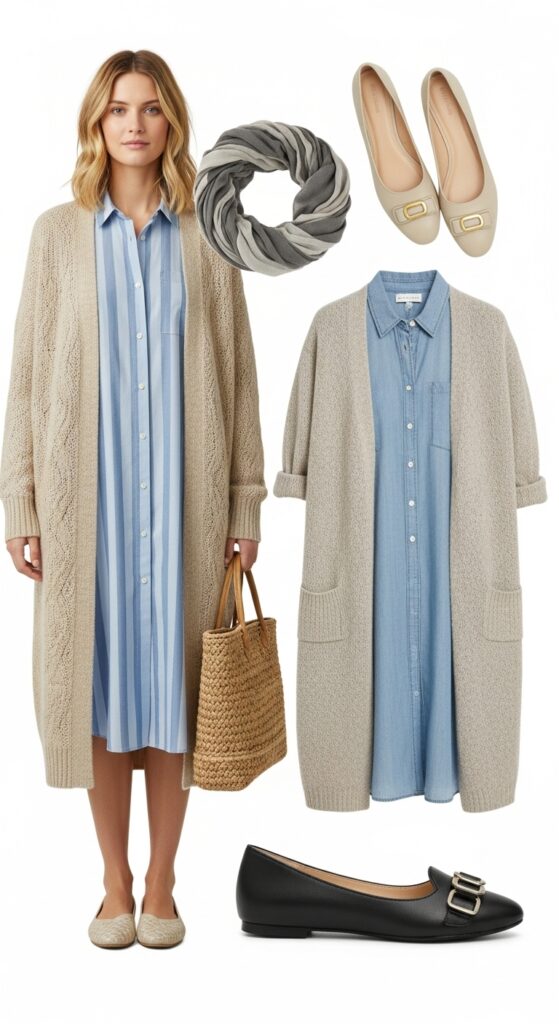 20 Stylish Flat Shoe Outfits to Inspire Your Wardrobe 16 Shirt Dress and Long Cardigan