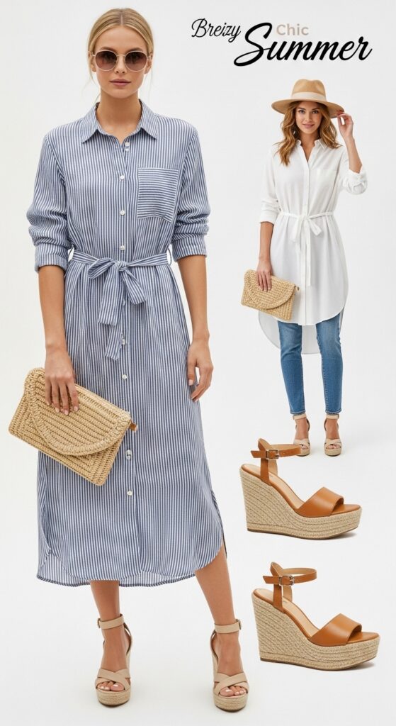 Shirt Dress and Straw Clutch