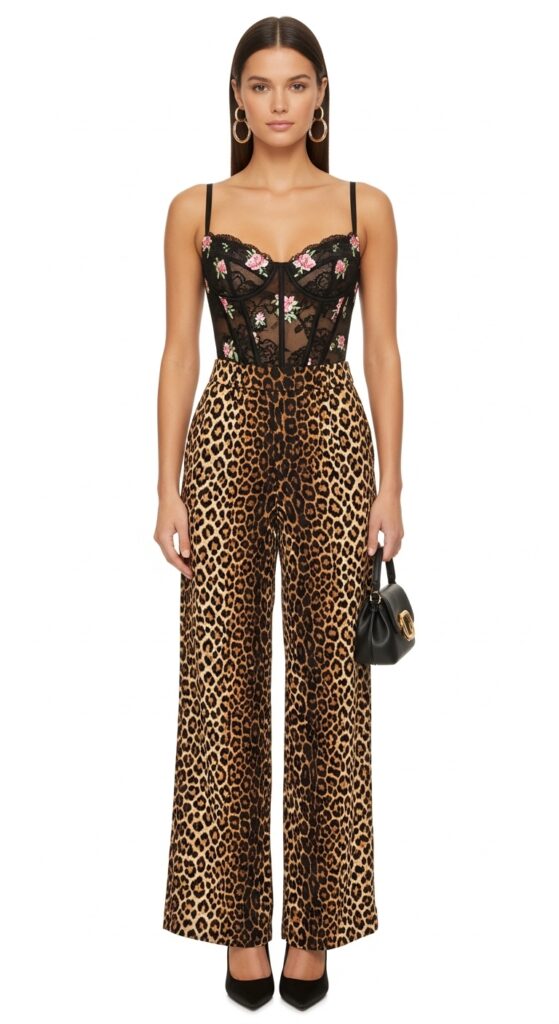 London Outfit Guide: 31 Chic Looks for U.S. Women in 2025 19 Shoreditch Night Black Corset & Leopard Pants