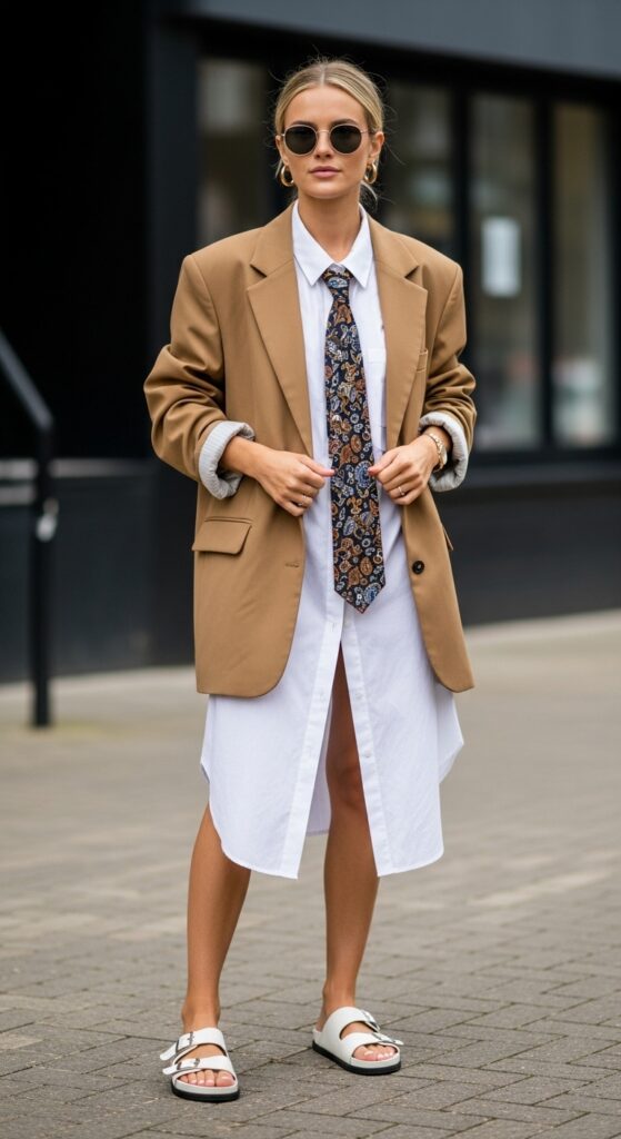 London Outfit Guide: 31 Chic Looks for U.S. Women in 2025 10 Shoreditch Swagger Tan Blazer & Shirt Dress