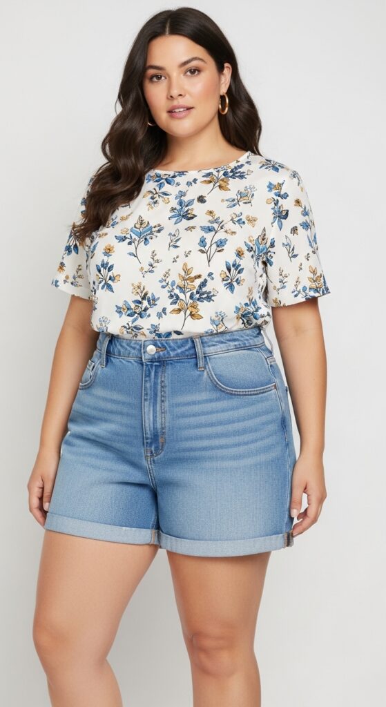 12 Plus-Size Summer Outfits That Flatter Your Curves and Tummy 14 Short-Sleeve Blouse and High-Waisted Shorts Casual and Cool
