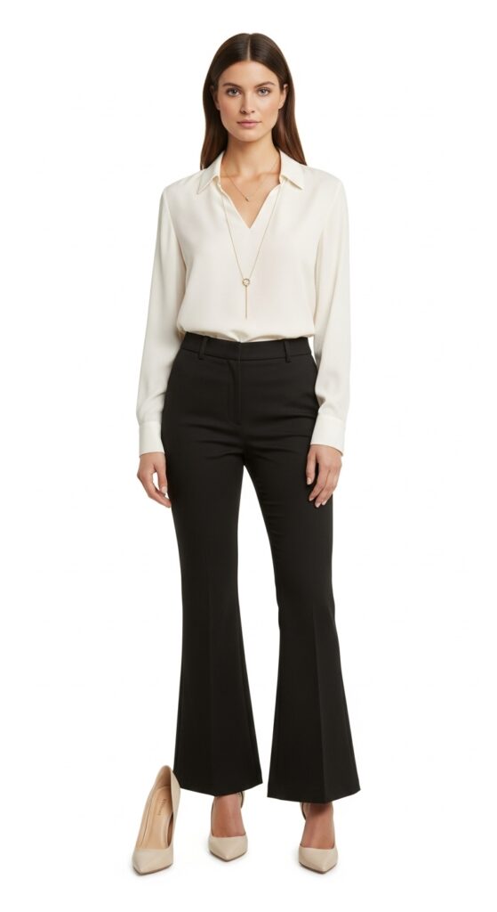 15 Chic Flare Pants Outfits to Elevate Your Wardrobe with Chic Season Style 3 Silk Blouse and Pointed-Toe Heels