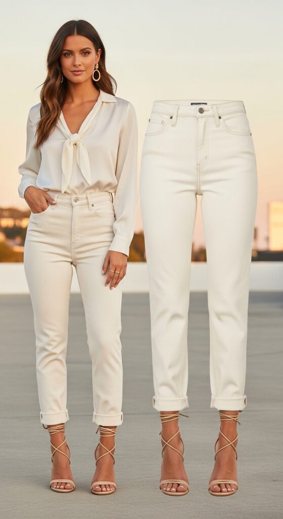 10 Chic Cream Jeans Outfits to Inspire Your Wardrobe with Chic Season Style 3 Silk Blouse and Strappy Sandals for Summer Evenings