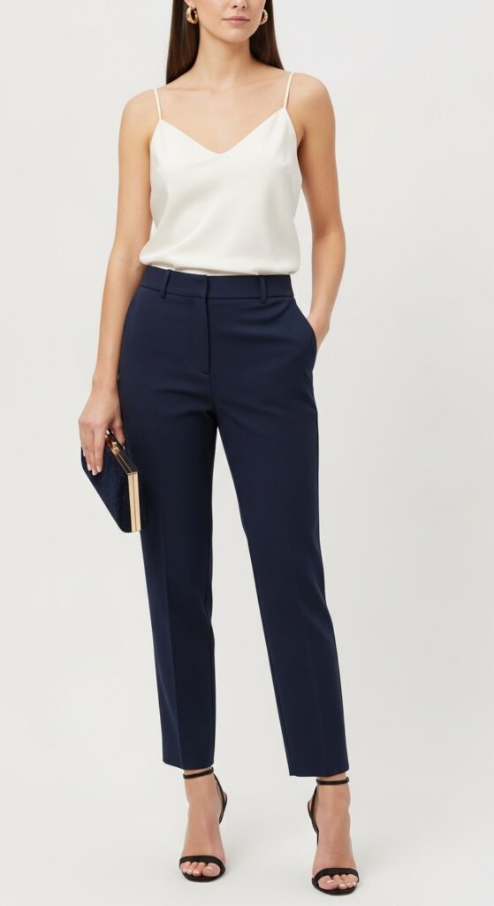 15 Stylish Navy Pants Outfits for Effortless Elegance 7 Silk Camisole and Slingback Heels