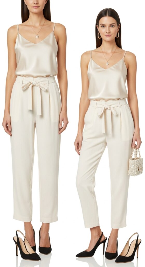 9 Cool Parachute Pants Outfits for Effortless Style with Chic Season Style 7 Silk Camisole and Slingback Heels