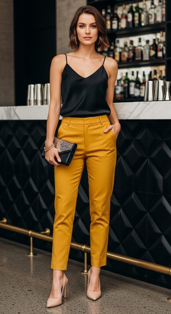 9 Bold Mustard Pants Outfits to Elevate Your Style with Chic Season Style 11 Silk Camisole and Slingback Heels for Evening Glam