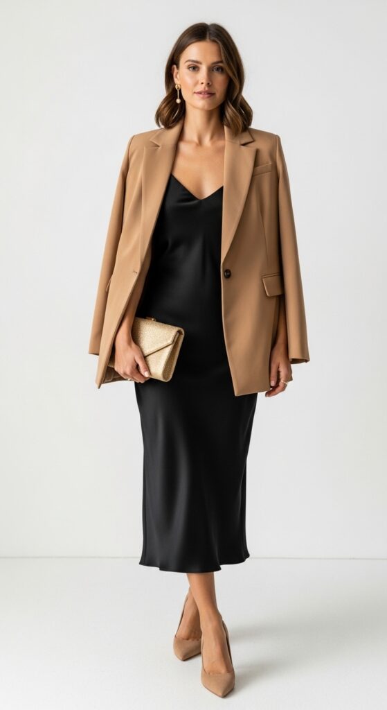 10 Chic Camel Blazer Outfits to Transform Your Wardrobe with Chic Season Style 3 Silk Slip Dress and Heels for Evening Glam