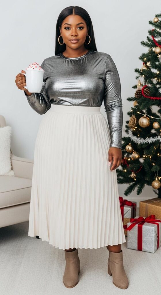 Silver Midi Skirt and Top for Christmas Brunch