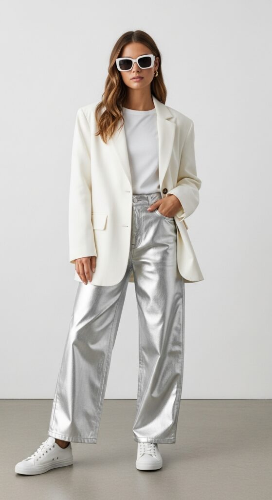 20 Chic White Blazer Outfits to Elevate Your Style 19 Silver Pants and White Sneakers