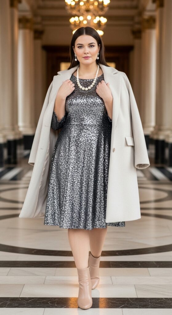 12 Plus Size Sequin Party Dresses for Winter Holidays with Chic Season Style 12 Silver Sequin Dress and Coat for Winter Weddings
