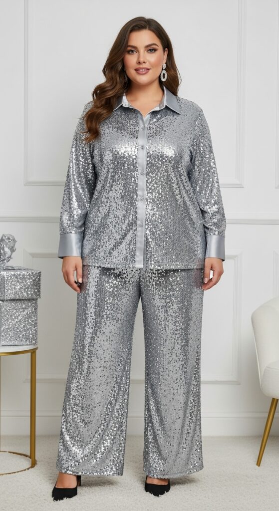Silver Shirt Sequin Two-Piece Pant Set