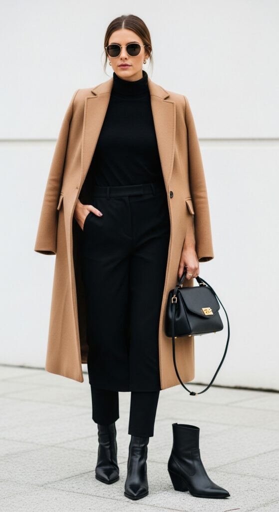 30 Stylish Winter Outfits for Women That Keep You Warm and Fashion-Forward 7 Sleek and Sophisticated Black & Camel