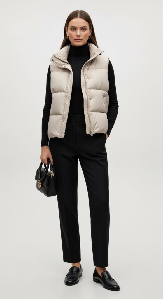 23 Chic Puffer Vest Outfits You’ll Want to Wear This Season 22 Sleek and Streamlined