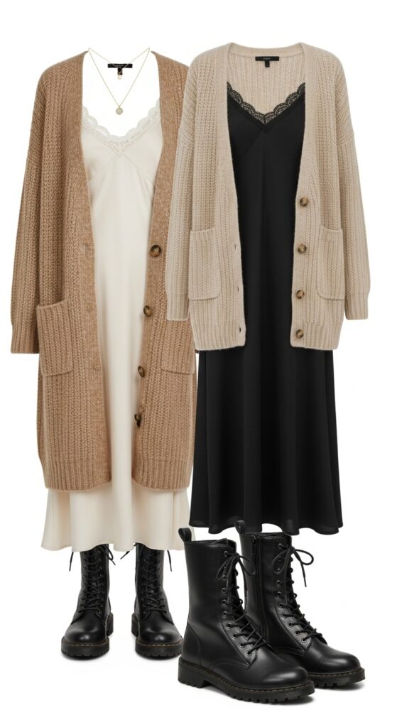 18 Bold Combat Boot Outfits to Slay Your Style This Season 10 Slip Dress and Cardigan