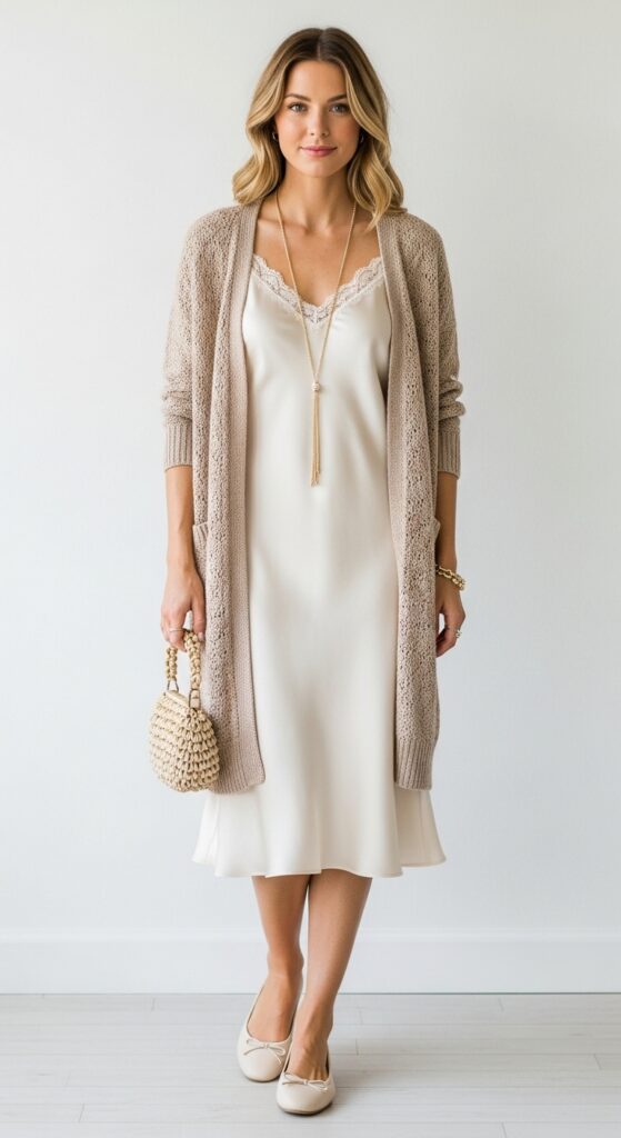 21 Feminine Ballet Flat Outfits for Classic and Modern Looks 7 Slip Dress and Cardigan