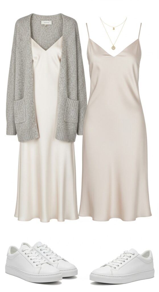 15 Chic White Sneaker Outfits to Elevate Your Everyday Style 11 Slip Dress and Cardigan Combo