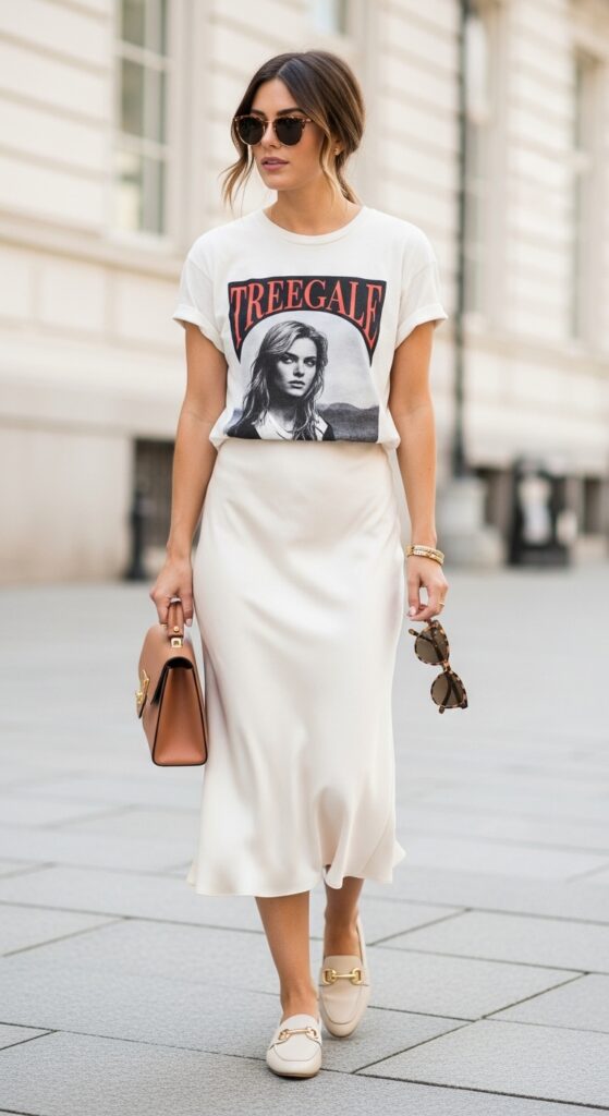 23 Stylish Loafer Outfits for Effortless Elegance 6 Slip Skirt and Graphic Tee