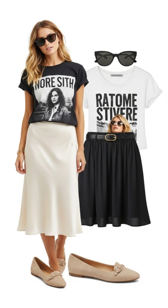 20 Stylish Flat Shoe Outfits to Inspire Your Wardrobe 11 Slip Skirt and Graphic Tee