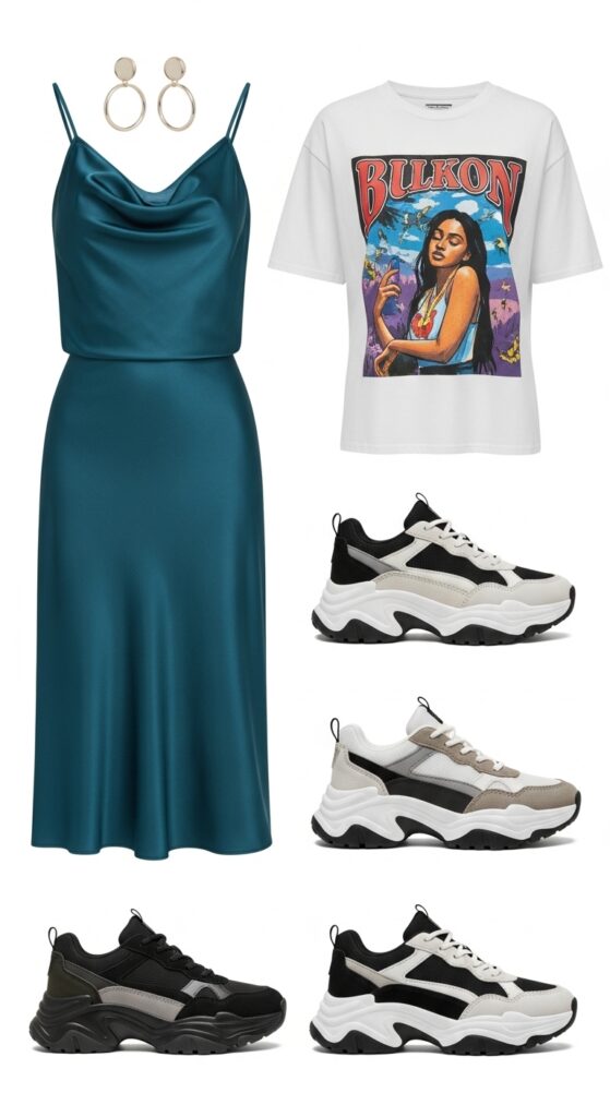 20 Bold Chunky Sneaker Outfits for a Standout Look 6 Slip Skirt and Graphic Tee