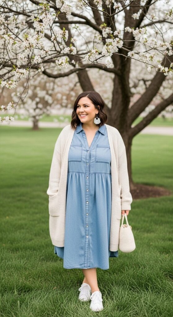 Soft Blue Chambray Dress and Cardigan for Spring Outings