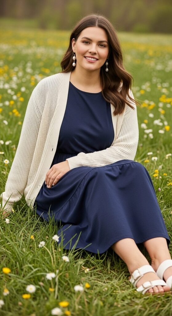 7 Plus Size Cotton Blend Spring Family Picture Outfits 8 Soft Navy Cotton Blend Dress and Cardigan for Meadow Moments