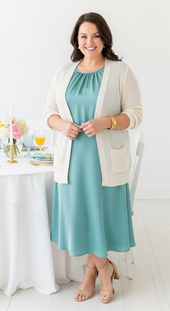 Soft Teal Silk Blend Dress and Cardigan for Easter Brunch