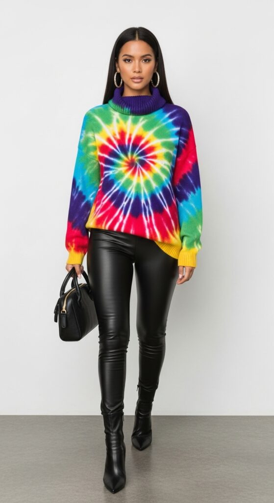London Outfit Guide: 31 Chic Looks for U.S. Women in 2025 30 Soho Swagger Tie-Dye Sweater & Leather Leggings